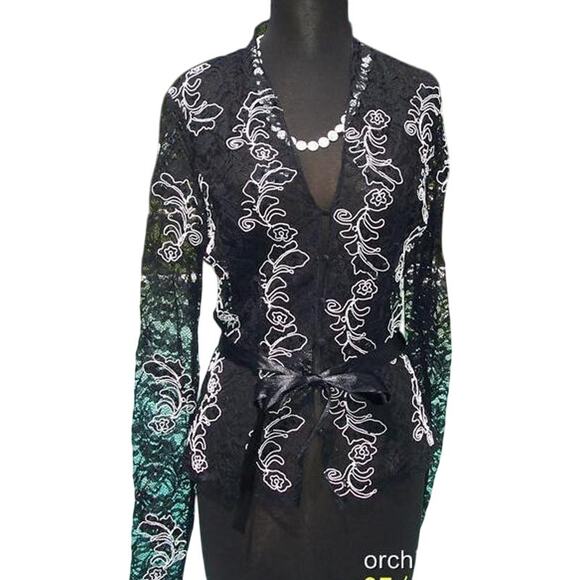 Cache Luxe Black Lace Sheer Illusion Lace Top Jacket White Trim New $228 NWT - Picture 5 of 11